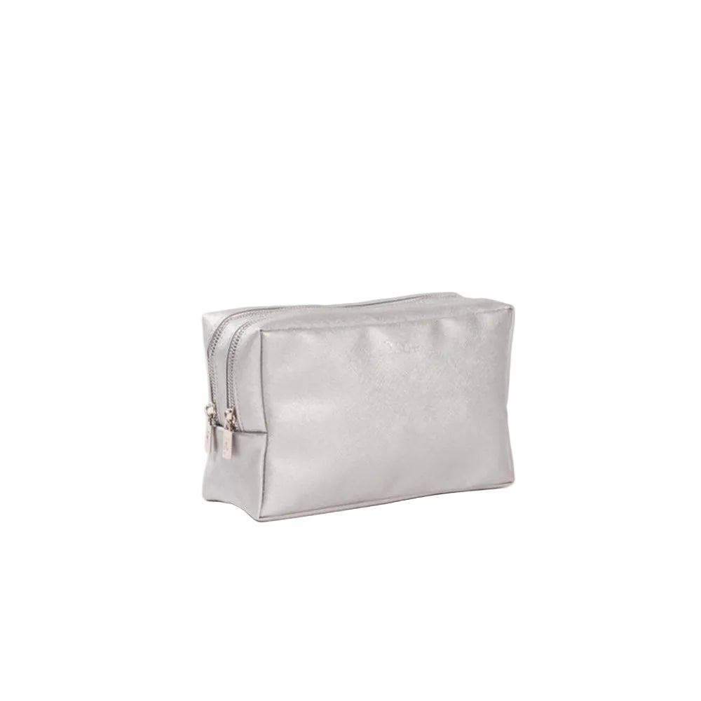 A silver metallic zippered cosmetic pouch with a textured finish, shown on a clean white background.