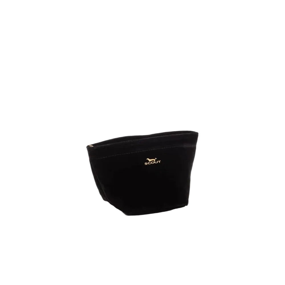 A black velvet cosmetic pouch with a small gold logo on the front, photographed on a clean white background.