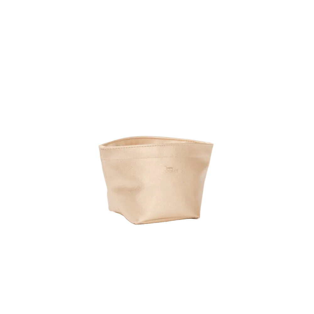 A small beige canvas cosmetic pouch with a zippered top, photographed on a seamless white background.