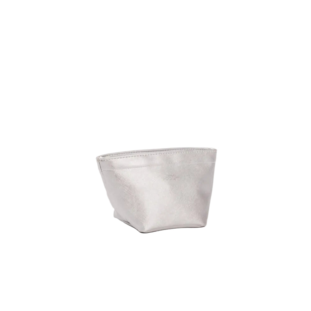 A small metallic silver pouch with a zip-top closure, photographed on a seamless white studio background.