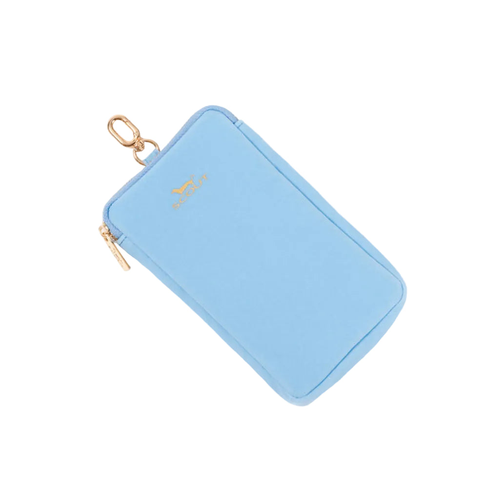 A light blue zippered pouch with a gold-tone metal key ring and zipper pull, featuring a small gold logo on the front, set against a plain white background.