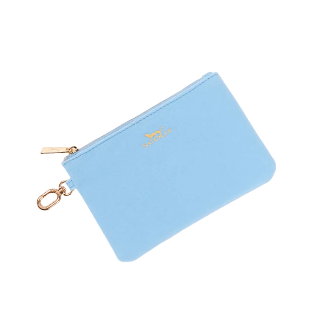 A light blue zippered pouch with a gold horse logo and gold-tone hardware, photographed on a clean white background.