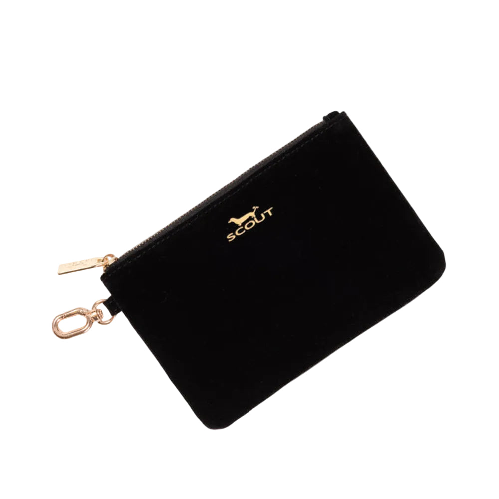 A black velvet zippered pouch with a gold metal 'scout' logo and a gold keyring attachment, shown on a clean white background.