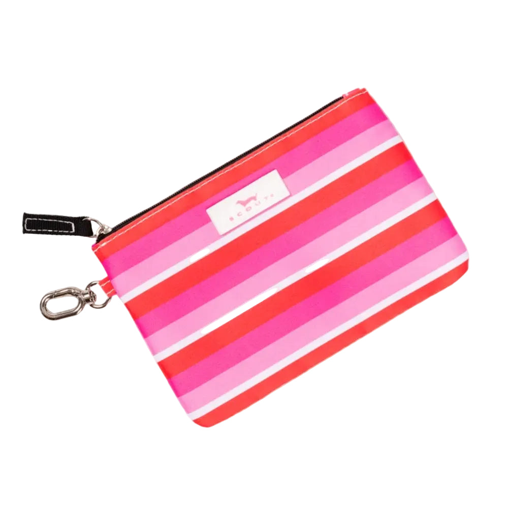 A zippered pouch with horizontal stripes in various shades of pink, red, and white, featuring a silver metal clasp and a small white brand label.