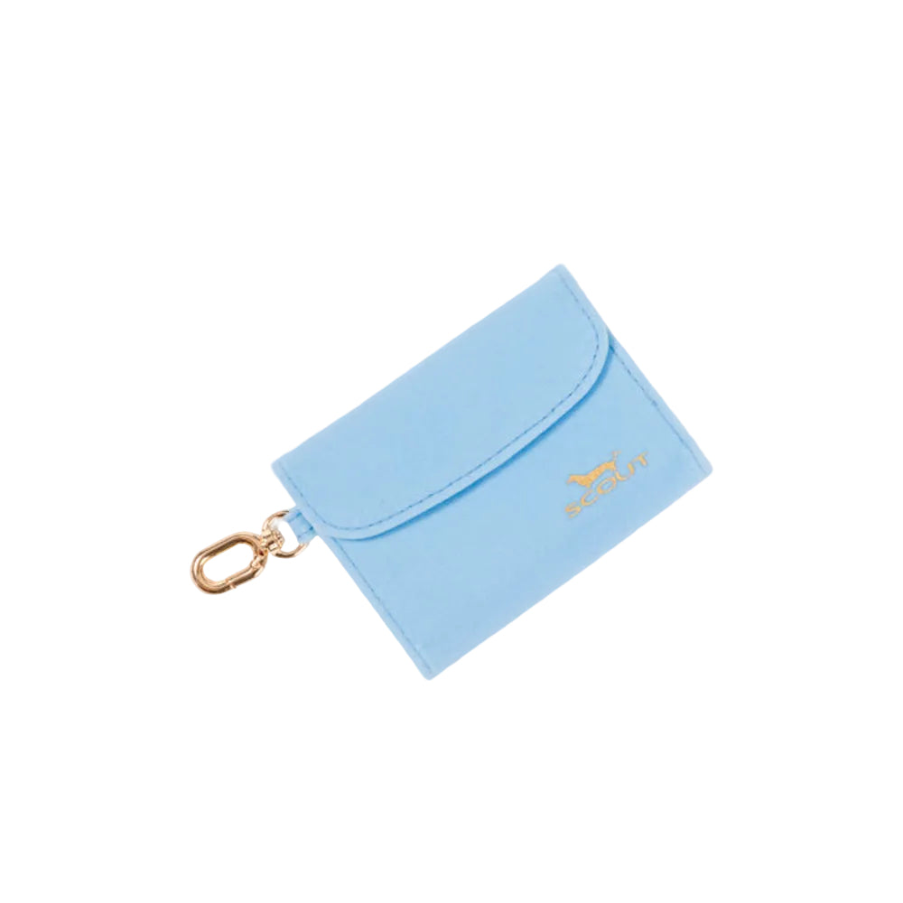 A light blue fabric card holder or wallet with a gold-tone carabiner clip and a small gold logo on the front, photographed on a clean white background.