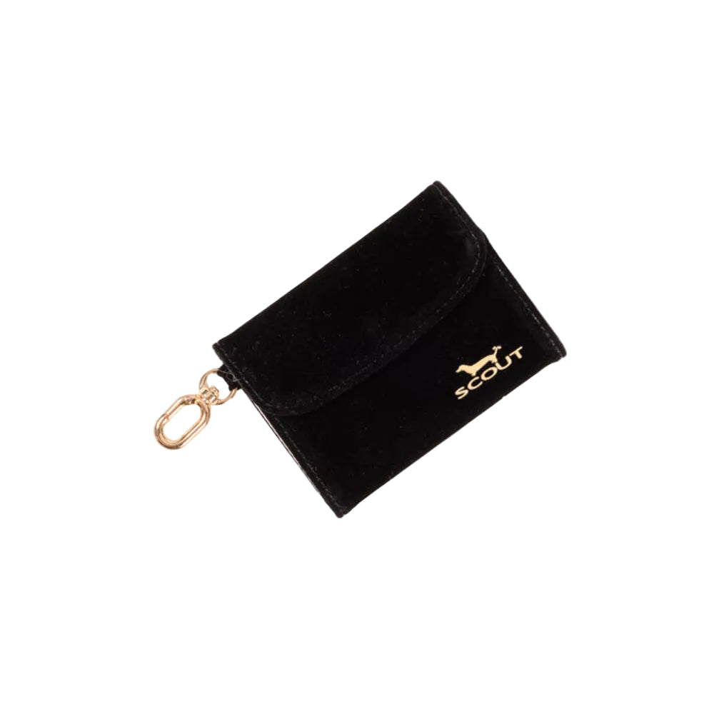 A black velvet dog wallet with a gold metal clasp and a gold embroidered 'scout' logo, shown on a clean white background.