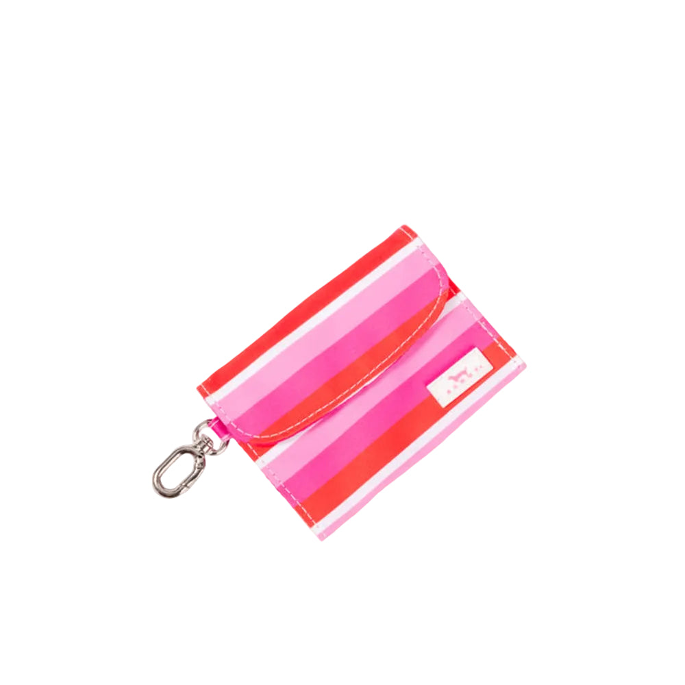 A small striped card holder or wallet with a silver carabiner clip, featuring horizontal stripes in pink, red, and white, on a clean white background.