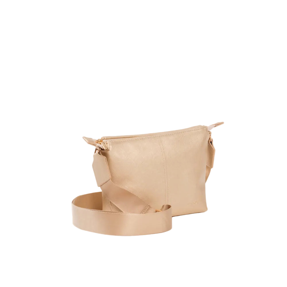 A small metallic gold crossbody bag with a matching adjustable shoulder strap, displayed on a clean white background.