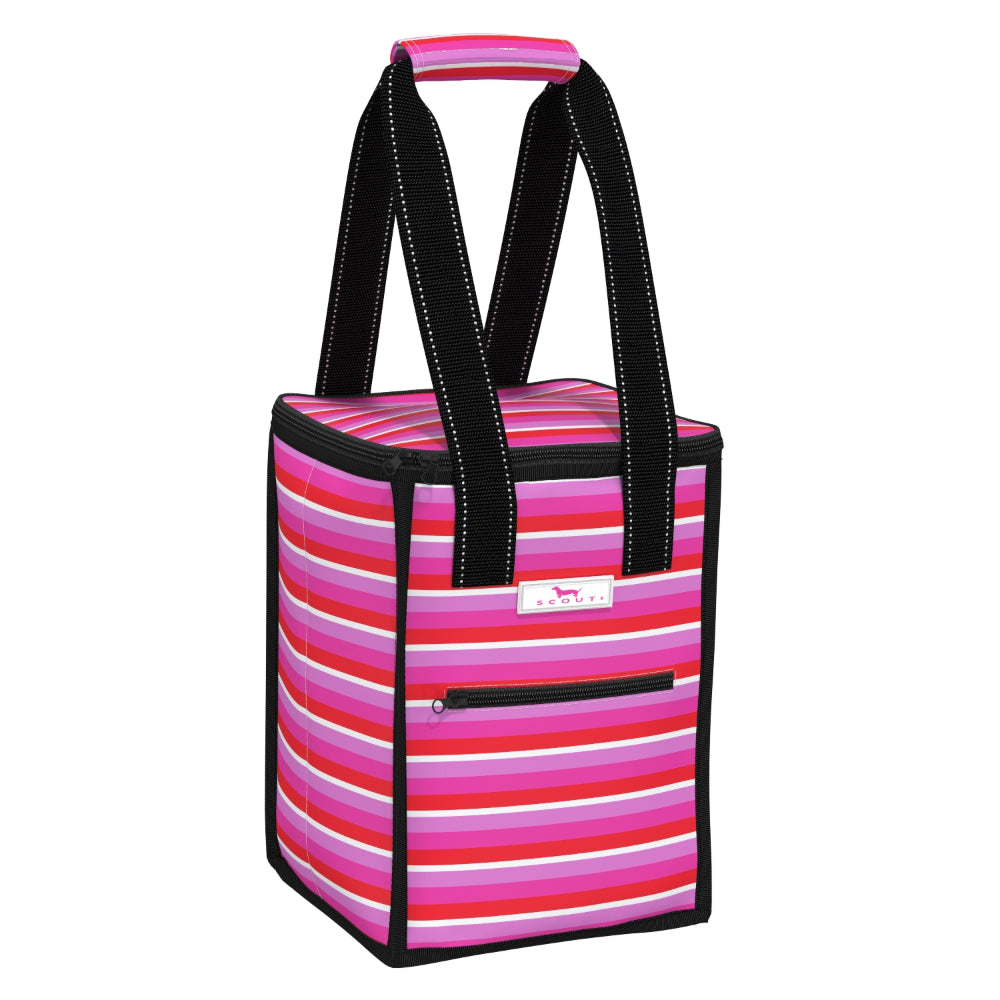 Pink striped tote bag with black handles on a white background