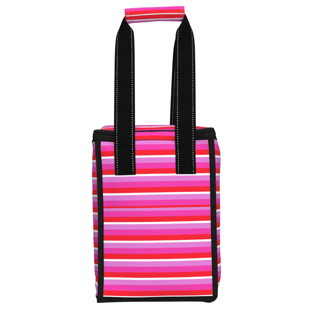 A striped cooler tote bag with horizontal pink, red, and white stripes, featuring black shoulder straps and black trim, shown against a plain white background.