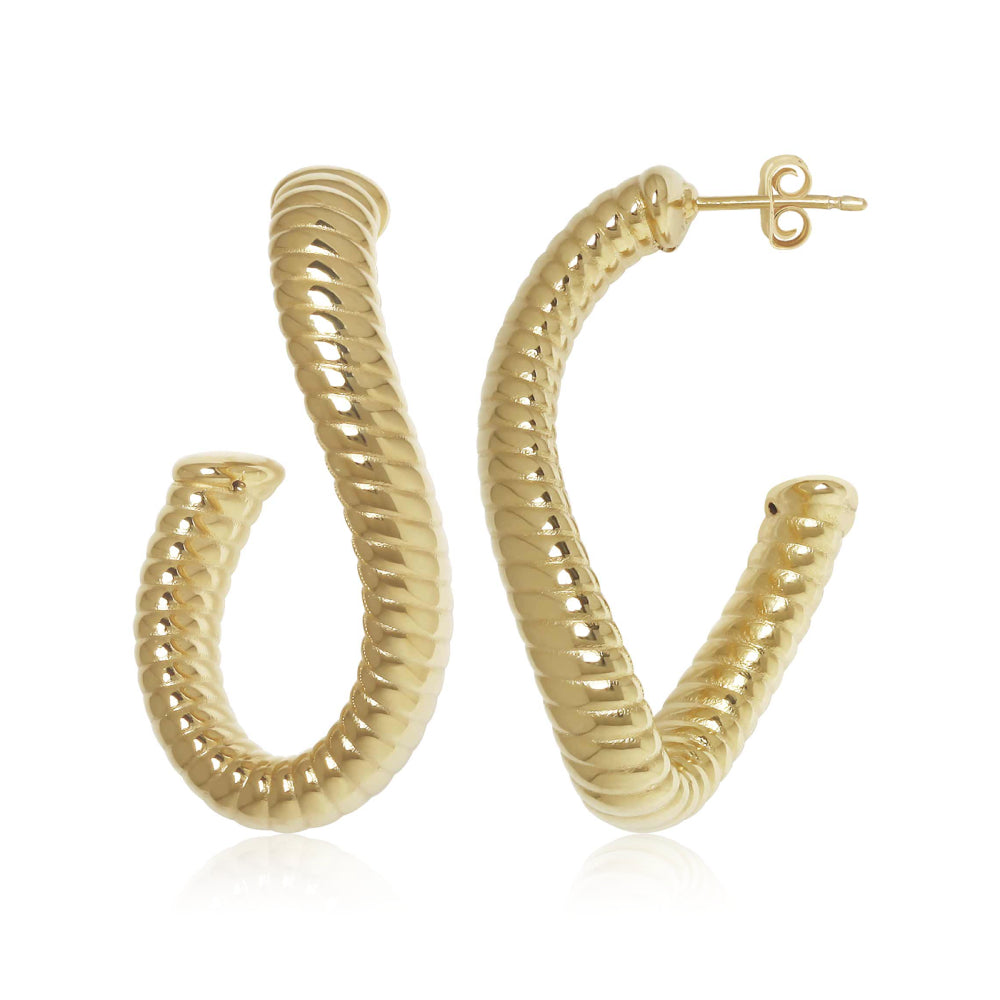14k Gold Twisted Ridged J Hoop Earrings