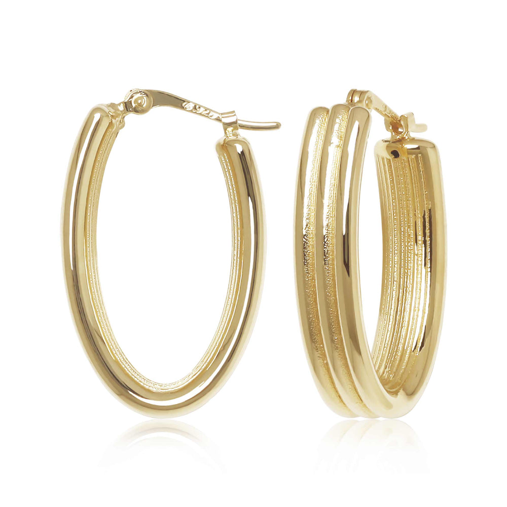 14k Gold Triple Ridged Oval Hoop Earrings