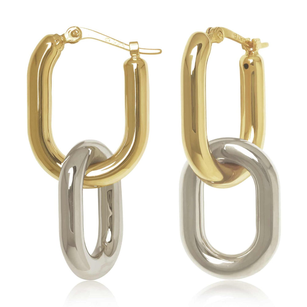 14k Gold Two-Tone Oval Interlock Hoop Earrings