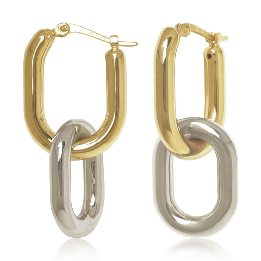 14k Gold Two-Tone Oval Interlock Hoop Earrings