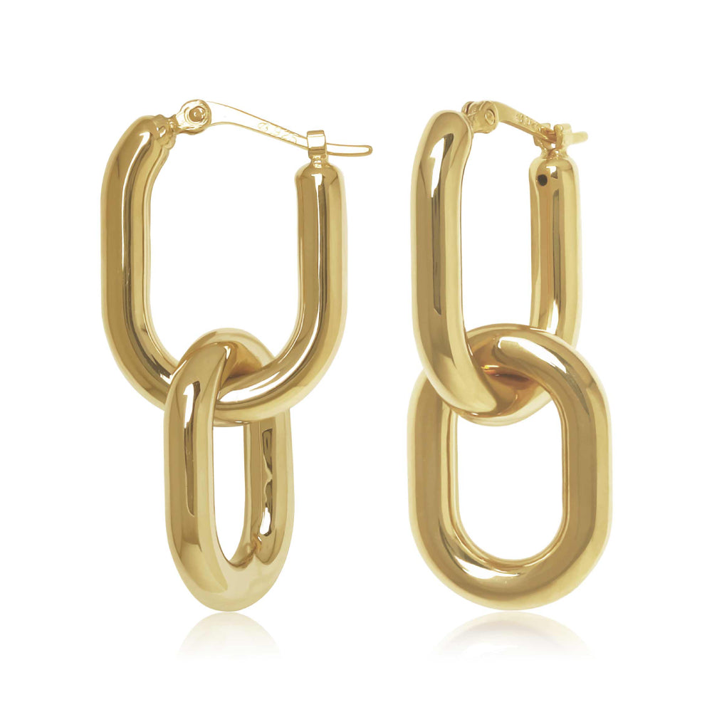 14k Gold Double Oval Interlock Hoop Drop Earrings