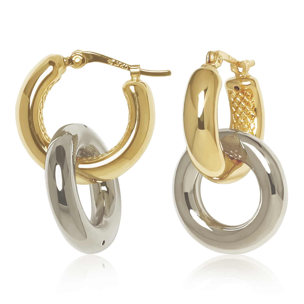 14k Gold Two-Tone Link Hoop Drop Earrings