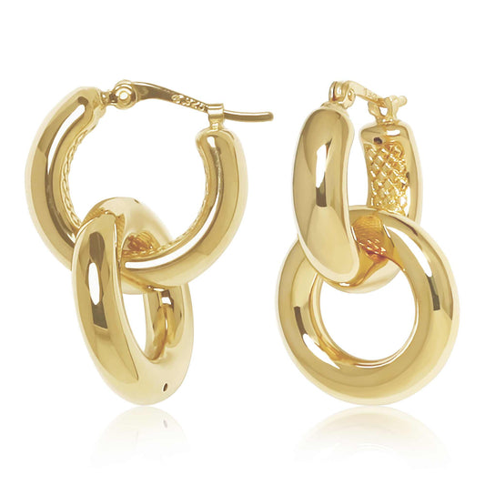 14k Gold Round Link Hoop Drop Earrings