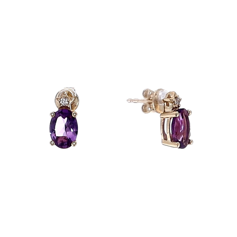 14k Yellow Gold Oval Amethyst And Diamond Stud Earrings