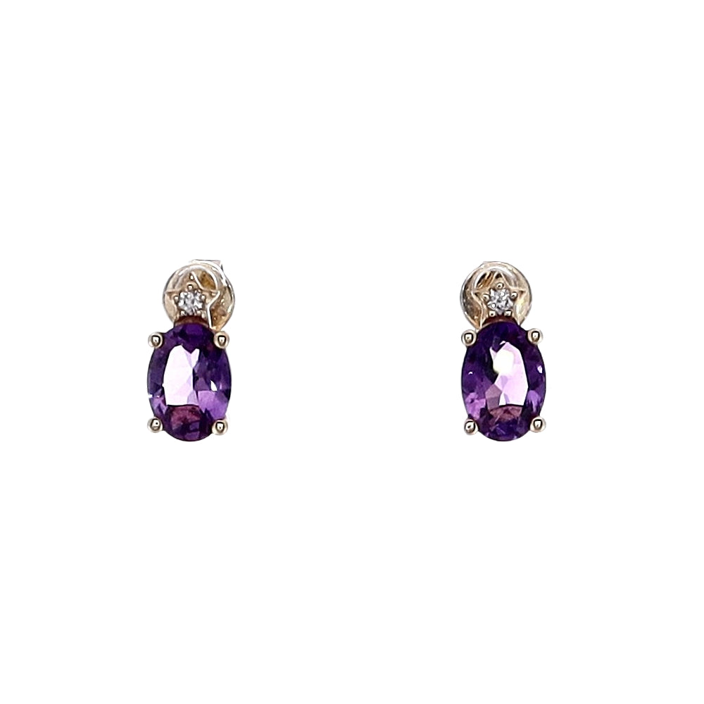 14k Yellow Gold Oval Amethyst And Diamond Stud Earrings