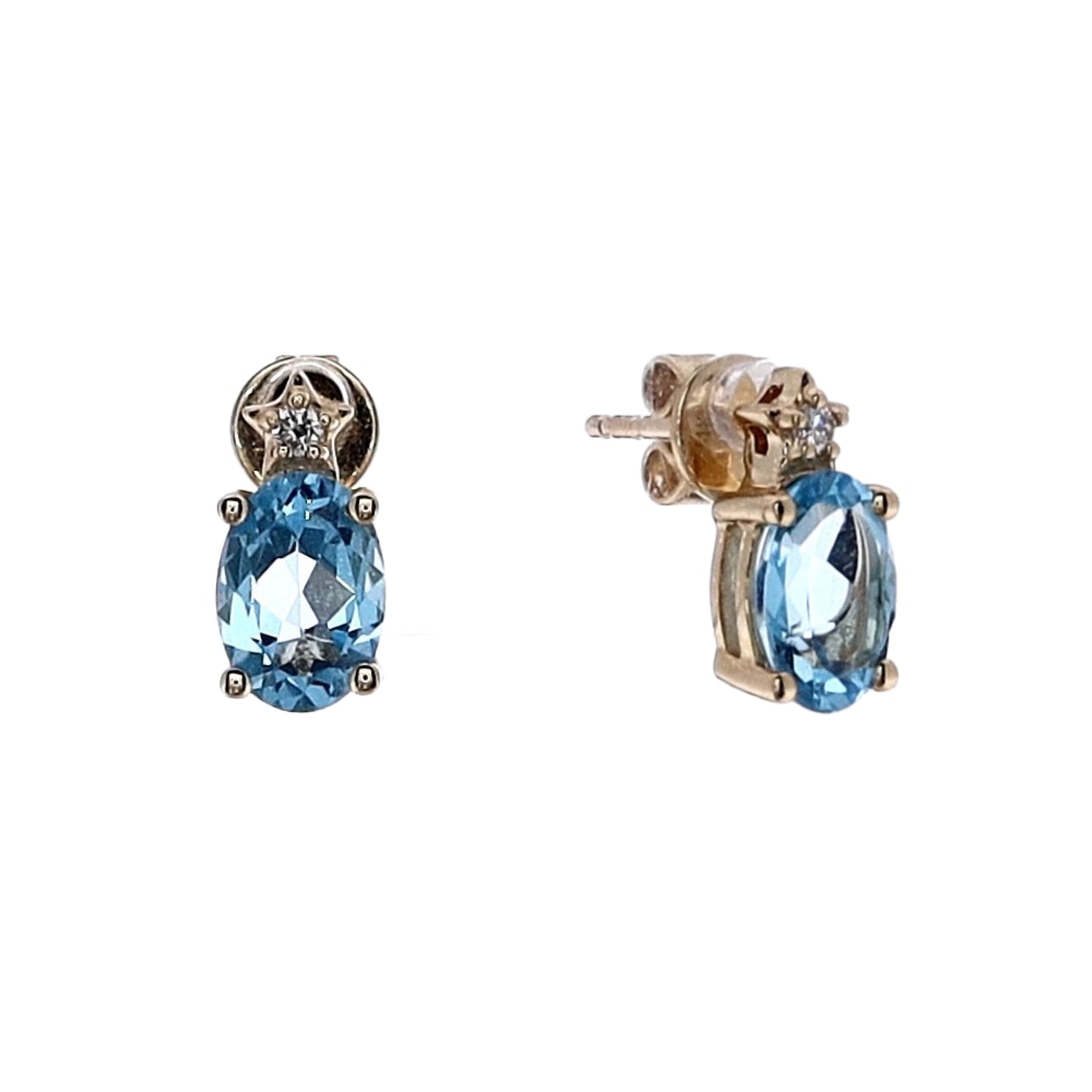 14k Yellow Gold Oval Blue Topaz and Diamond Stud Earrings