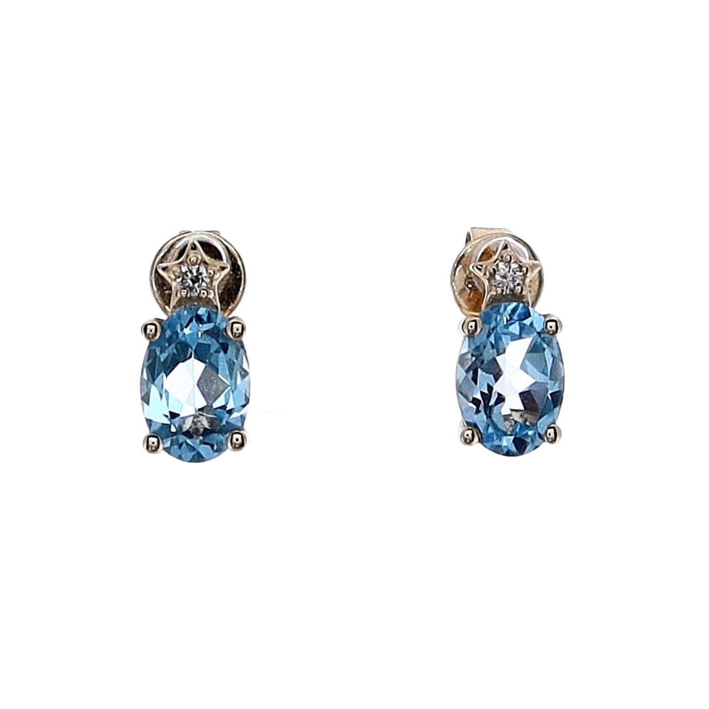 14k Yellow Gold Oval Blue Topaz and Diamond Stud Earrings