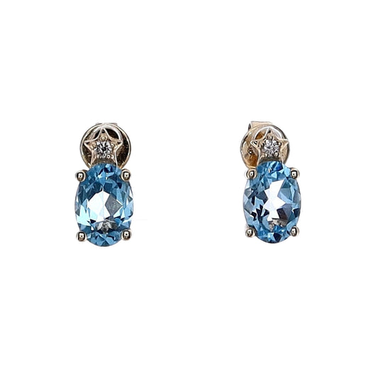 14k Yellow Gold Oval Blue Topaz and Diamond Stud Earrings