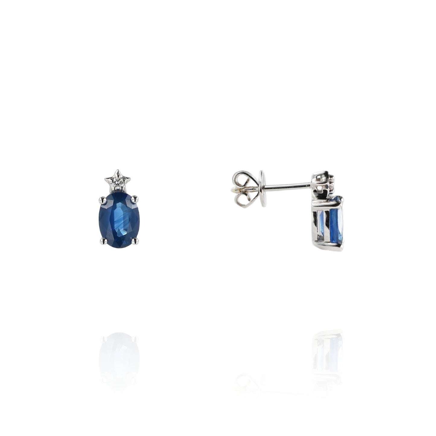 14k White Gold Oval Blue Sapphire and Diamond Stud Earrings