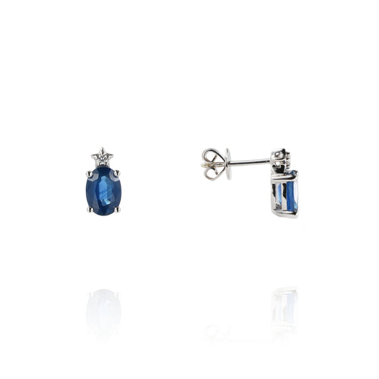 14k White Gold Oval Blue Sapphire and Diamond Stud Earrings