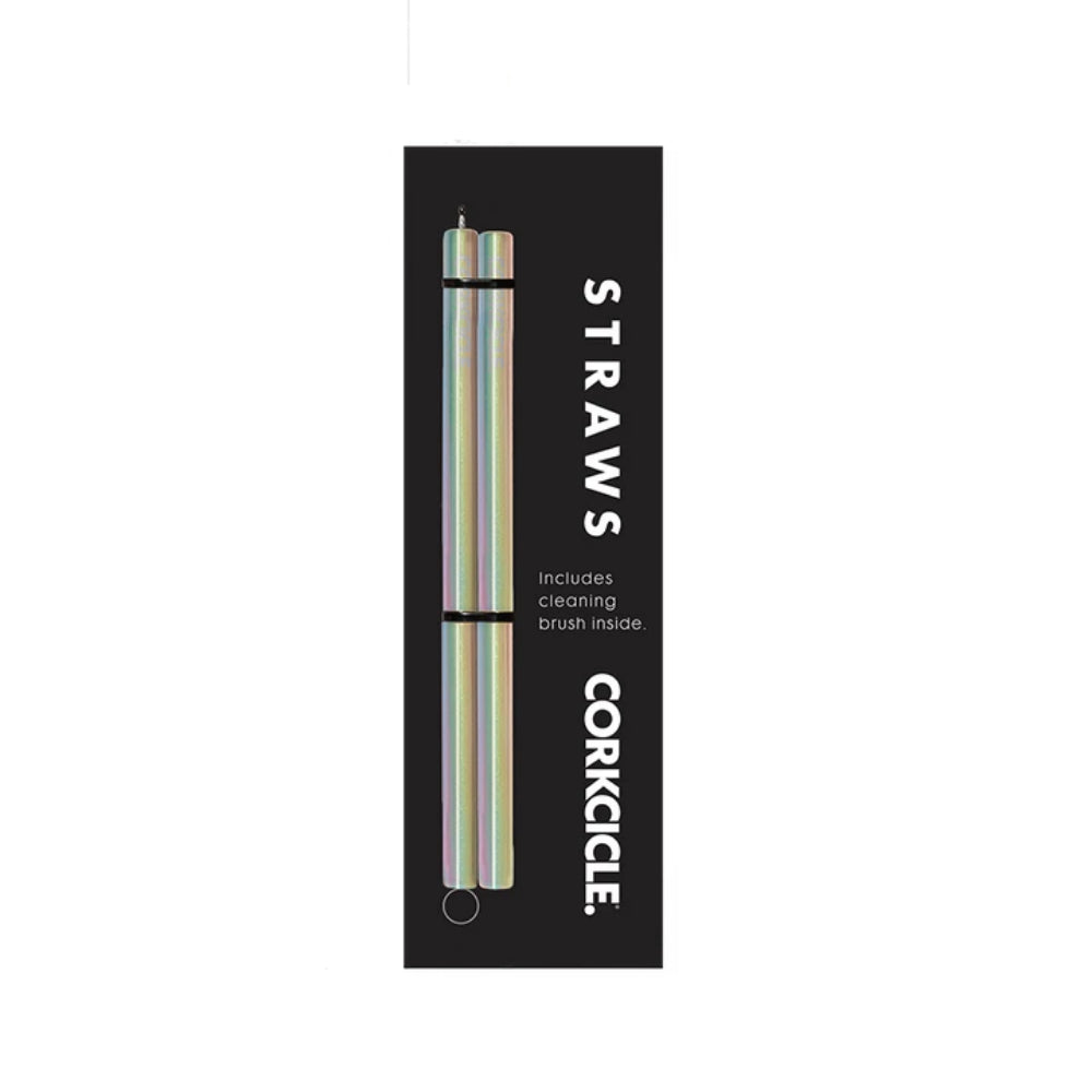 Packaged gold straws with a cleaning brush inside, branded as Corkcicle, on a white background.