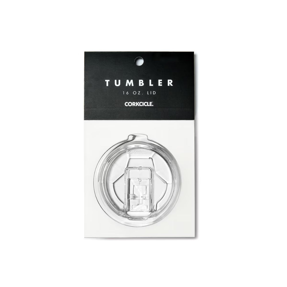 Clear corkcicle tumbler lid with packaging on a white background.