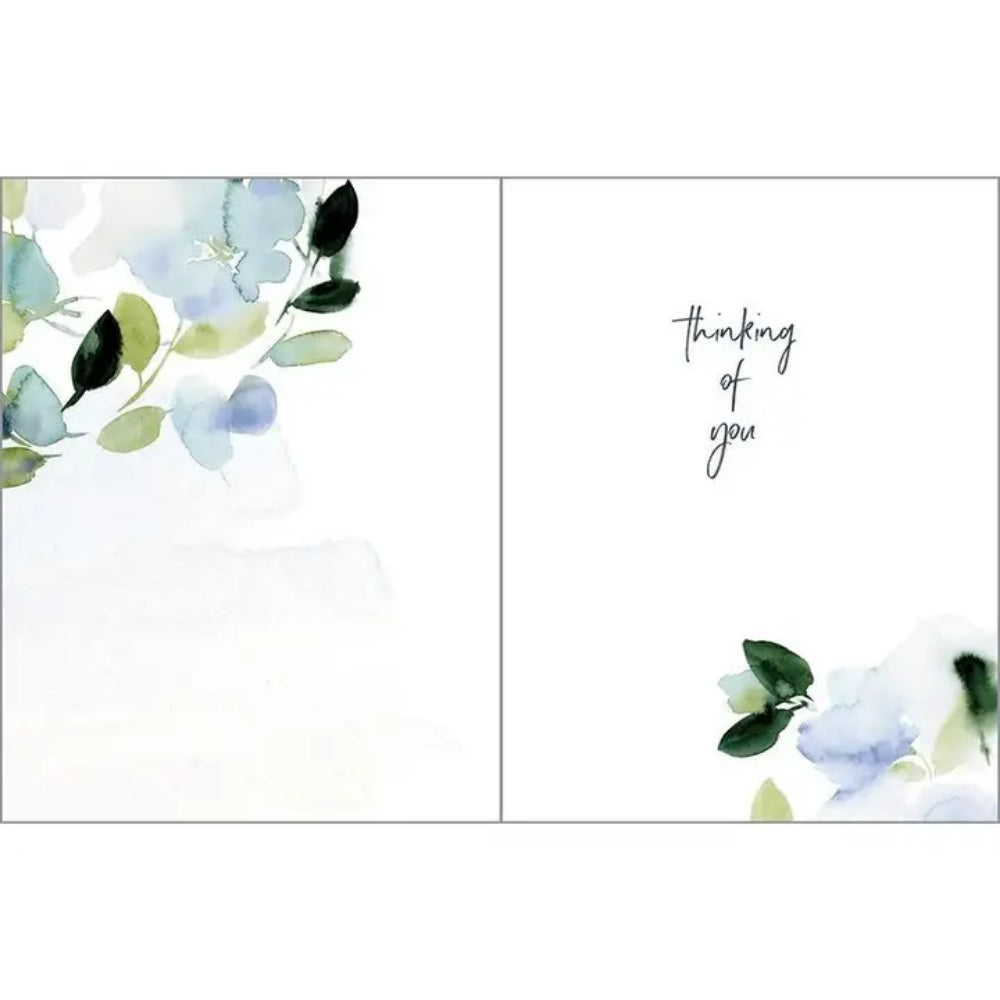 A sympathy greeting card with text "thinking of you" on a white background. 