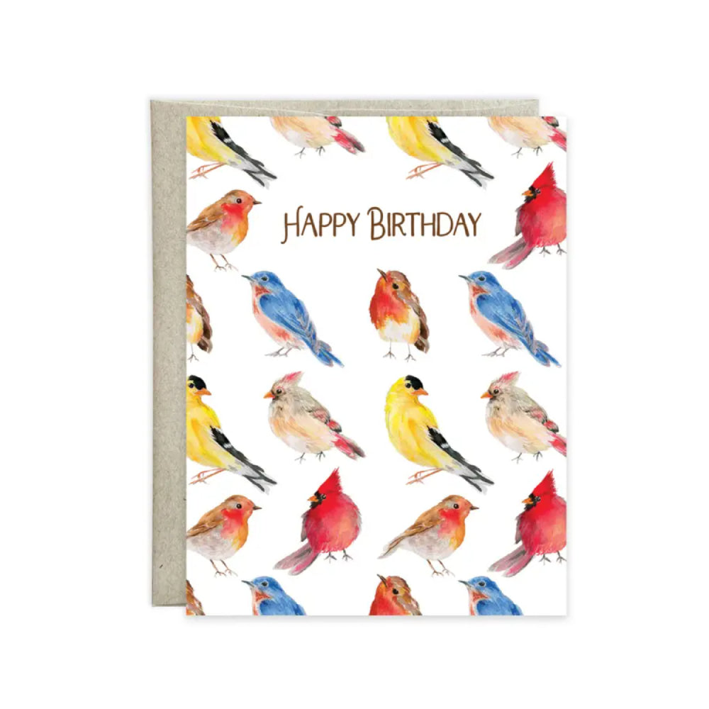 Birthday card with colorful bird illustrations and 'Happy Birthday' text on a white background.