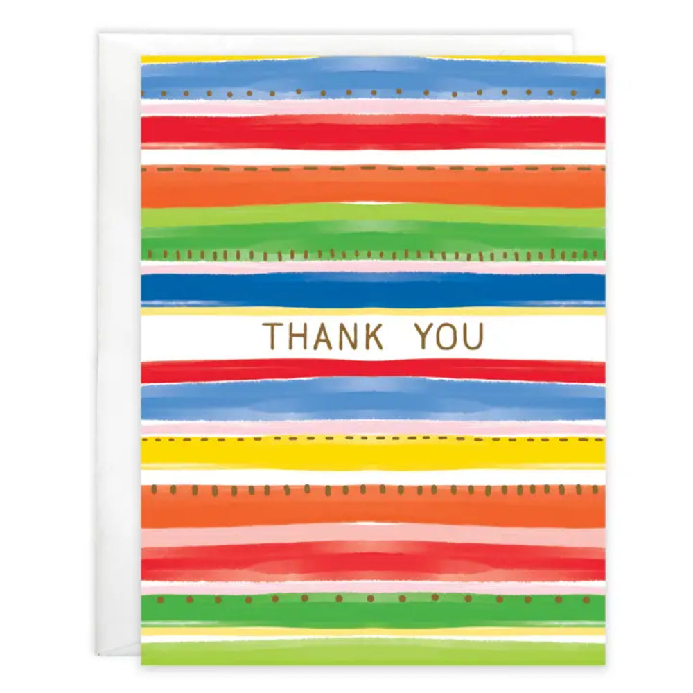 A square thank you card with a colorful striped pattern in blue, red, orange, green, and yellow, featuring the words 'THANK YOU' in gold lettering in the center. A white envelope is visible behind the card on a white background.