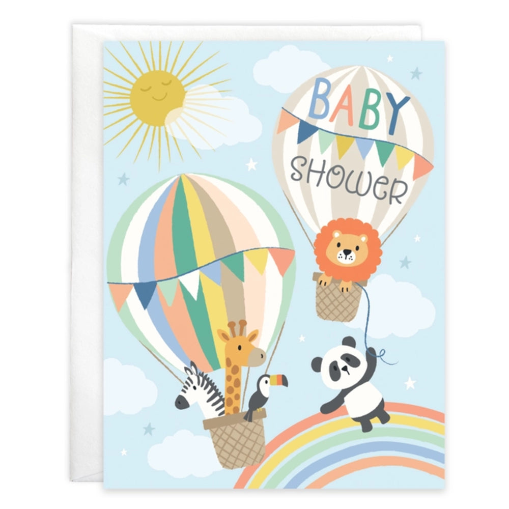 Baby shower card with hot air balloons, animals, and rainbow on a blue background