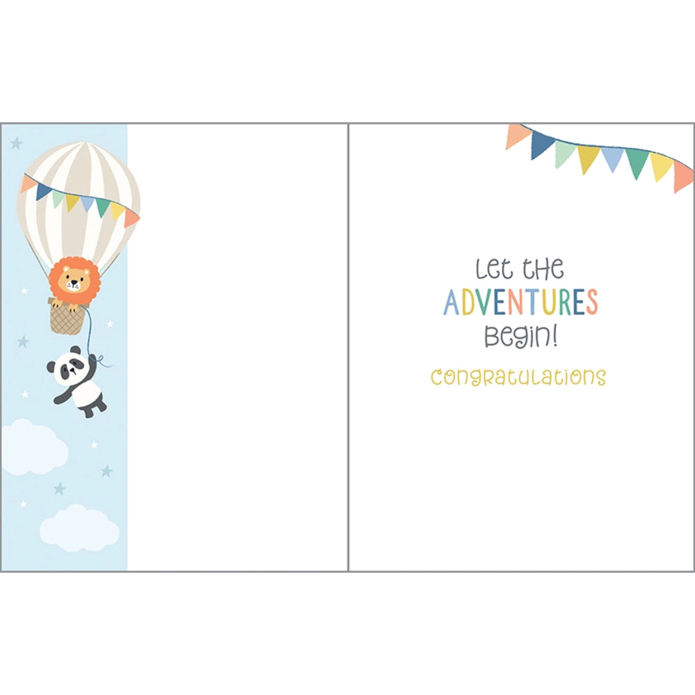 Greeting card with cartoon lion and panda in a hot air balloon and 'Let the Adventures Begin! Congratulations' text.