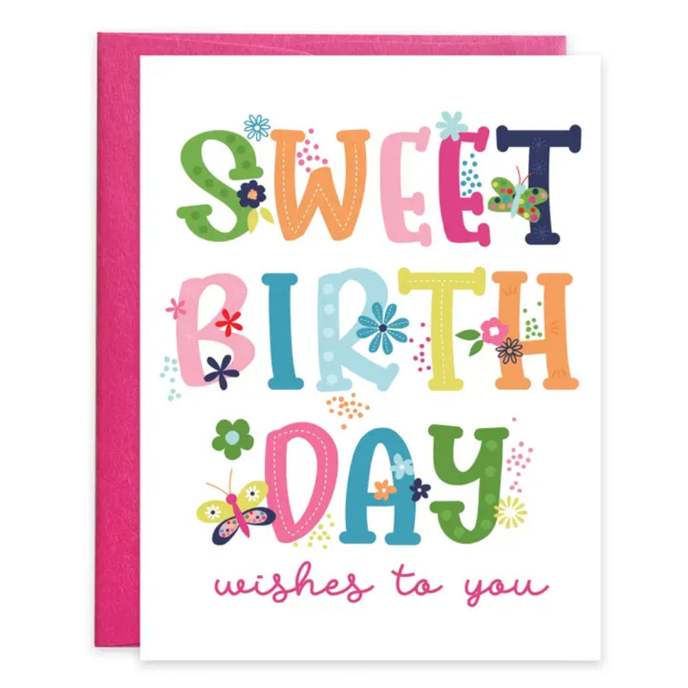 Colorful birthday card with 'Sweet Birthday wishes to you' text on a white background