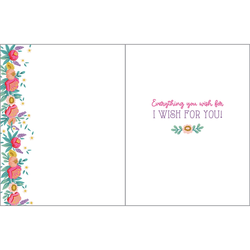 Birthday card with text "everything you wish for I wish for you!" with floral design. 