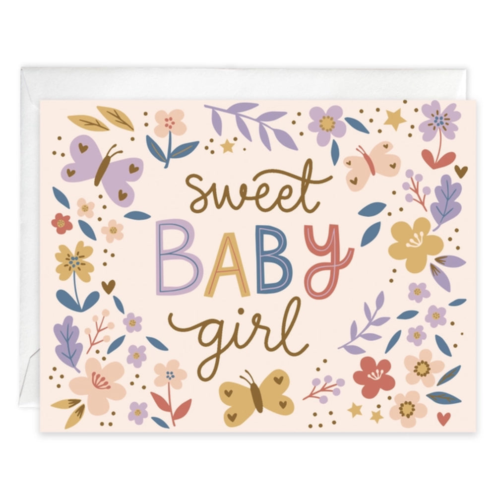 Greeting card with 'sweet baby girl' text surrounded by colorful flowers and butterflies on a light pink background.