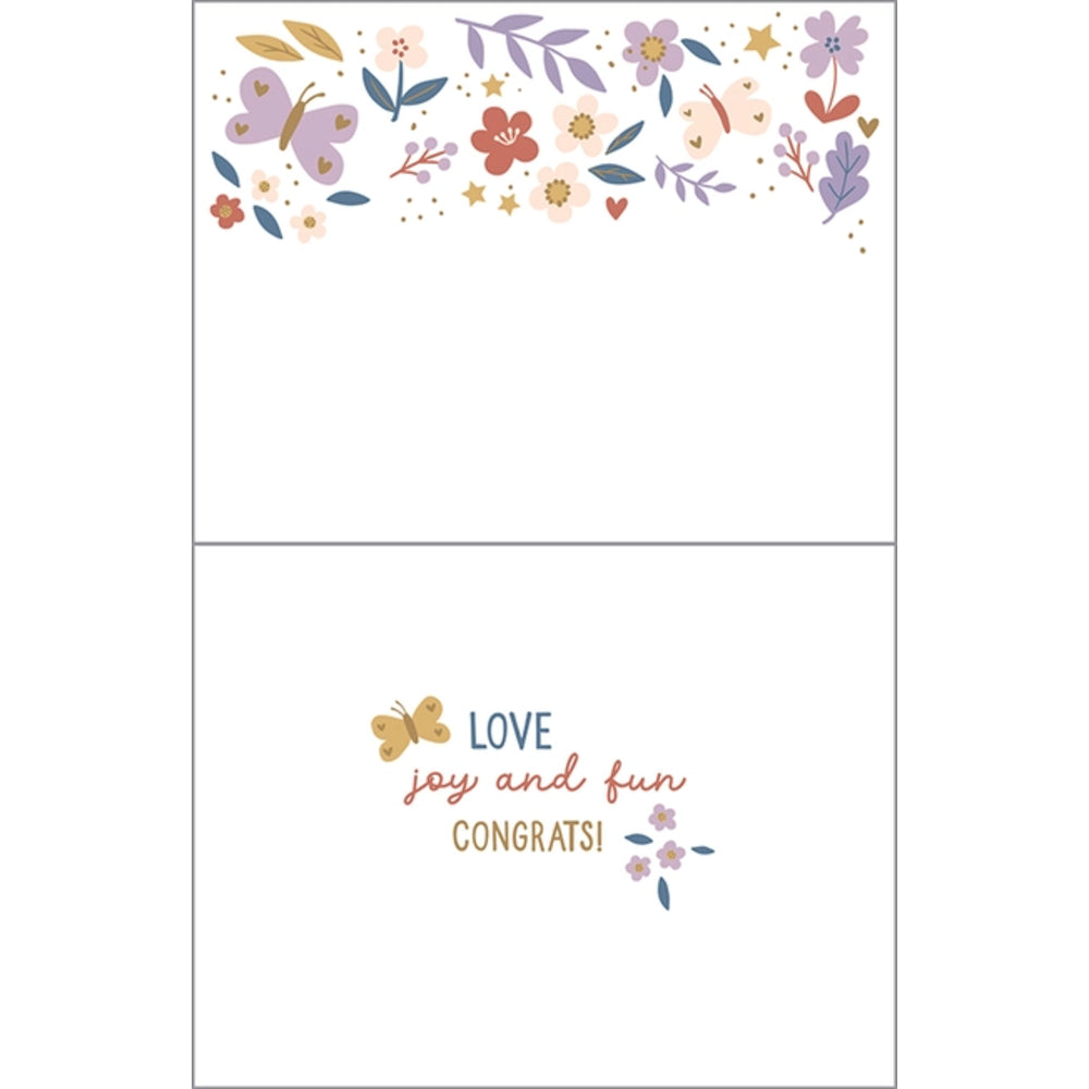 Inside baby greeting card with text "love joy and fun congrats!"