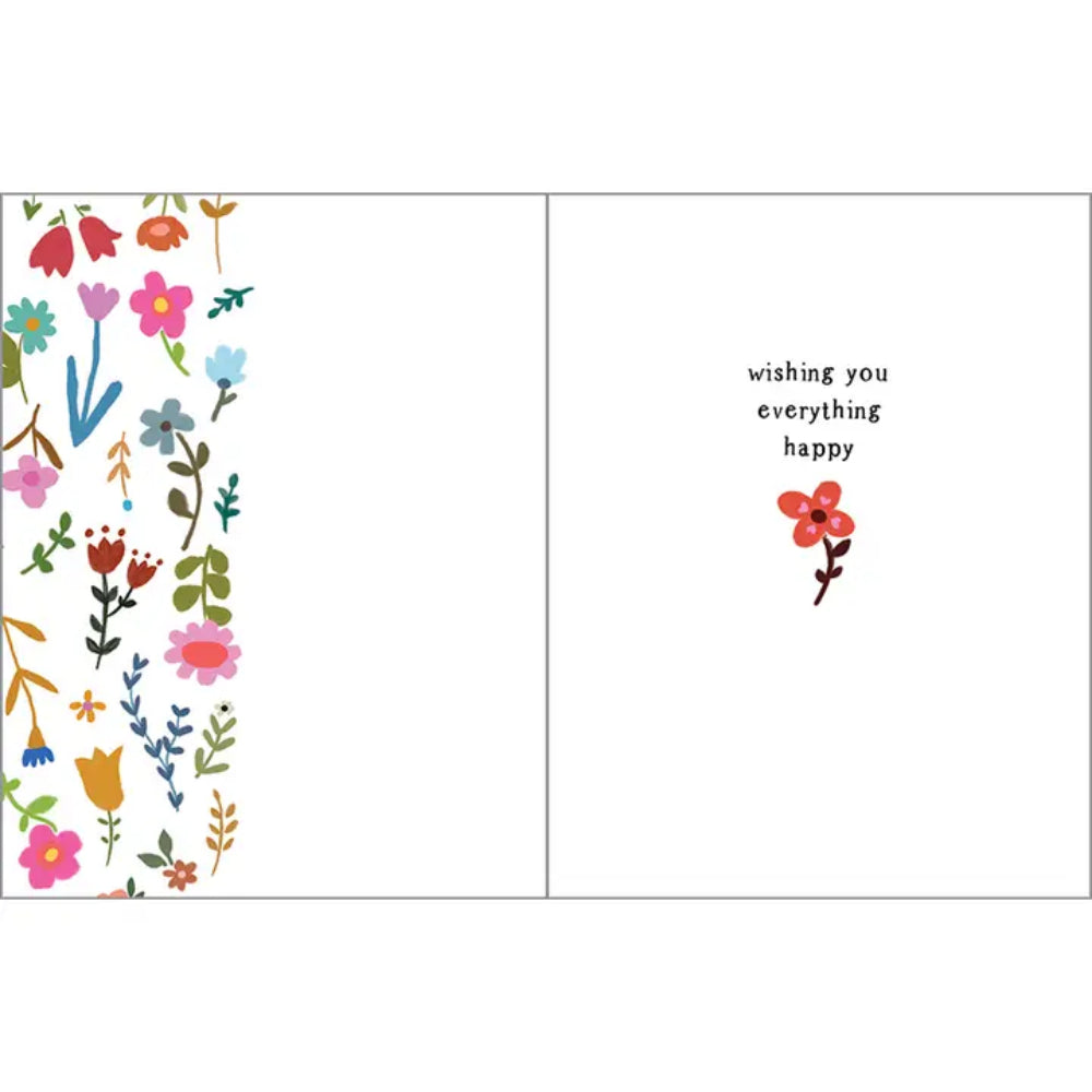 Greeting card with colorful floral design on one side and text 'wishing you everything happy' on the other, on a white background.