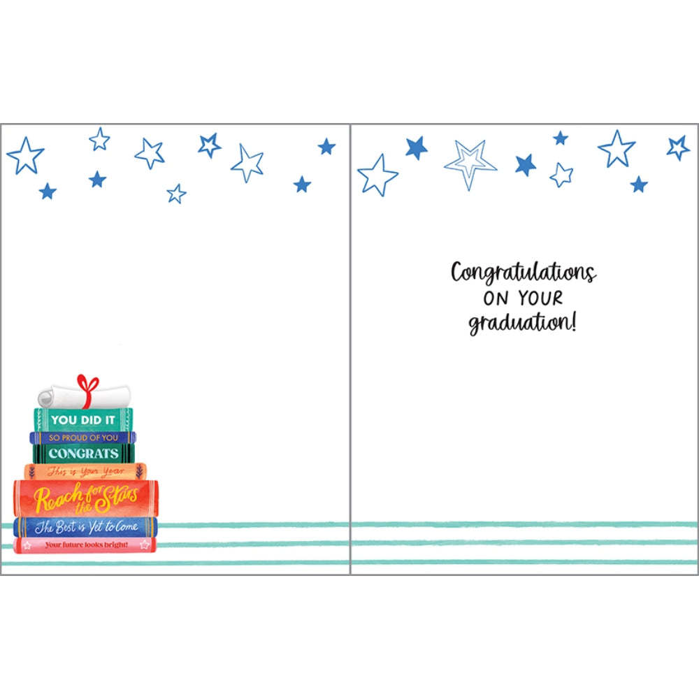 Book and star designs inside graduation card and text "Congratulations on your graduation" on a white background. 