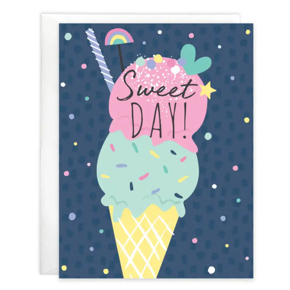 Card with ice cream cone and 'Sweet Day!' text on a blue polka dot background