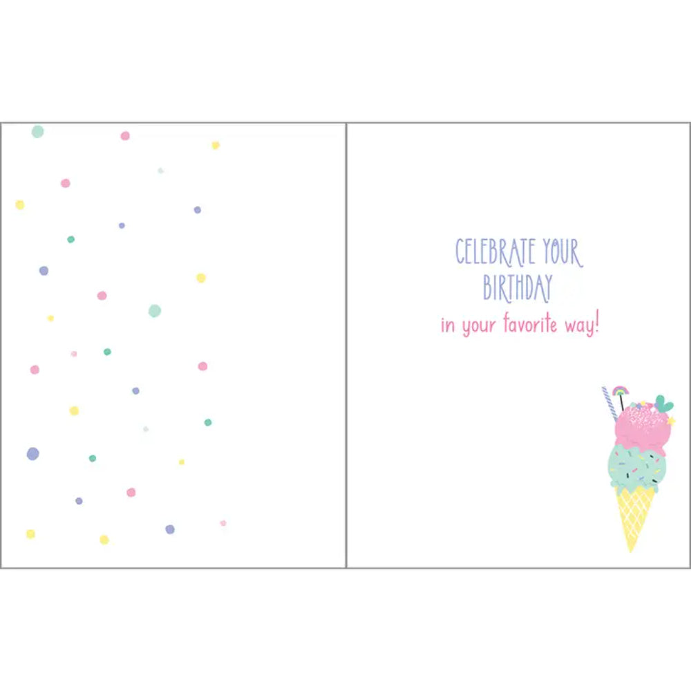 Greeting card with ice cream cone and text 'Celebrate your birthday in your favorite way!' on a white background.