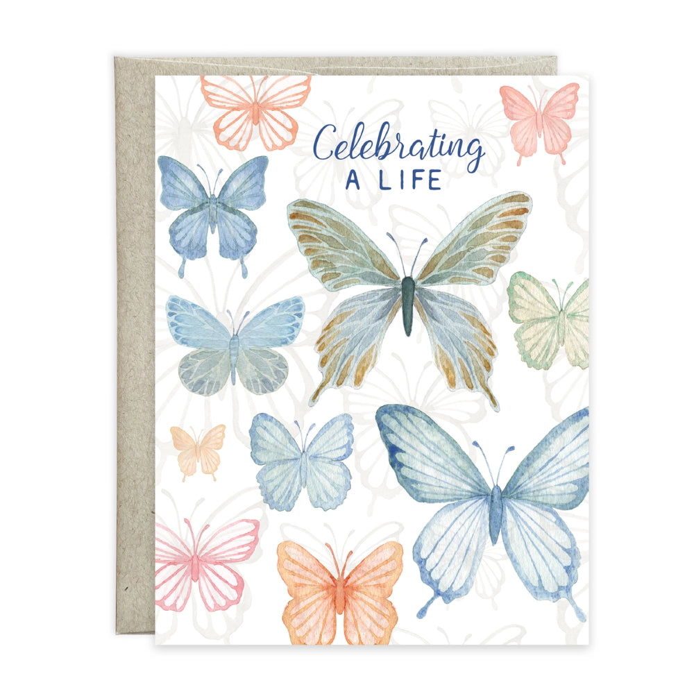 Greeting card with colorful butterflies and 'Celebrating A Life' text on a white background