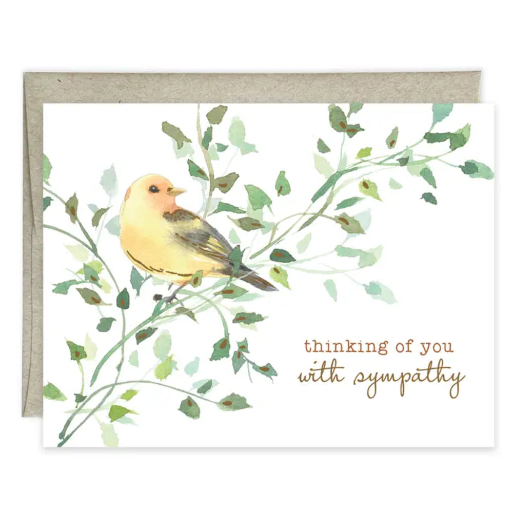 Greeting card with a yellow bird on a branch and 'thinking of you with sympathy' text.