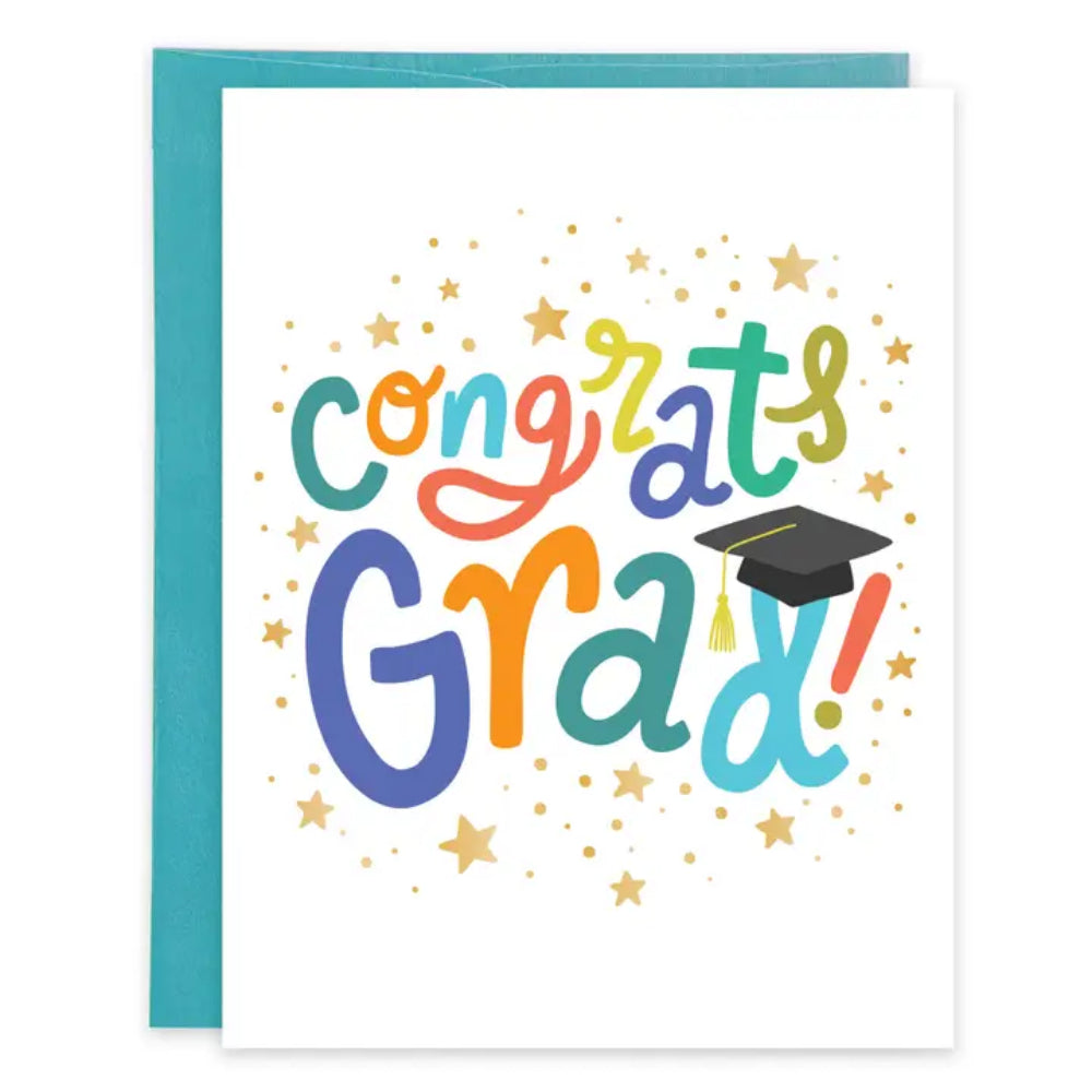 Graduation-themed card with colorful text and a cap on a white background