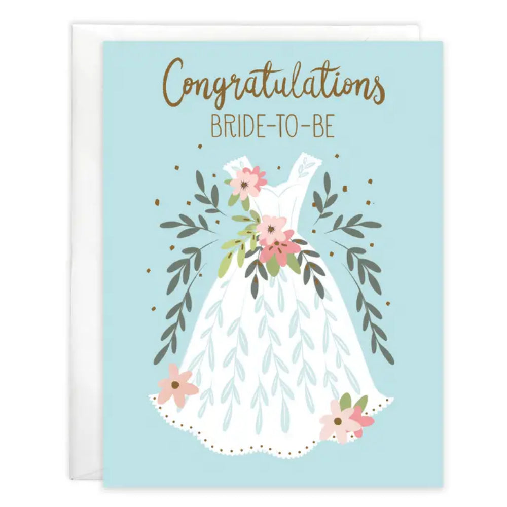 Greeting card with a white wedding dress illustration and 'Congratulations Bride-to-Be' text on a light blue background.