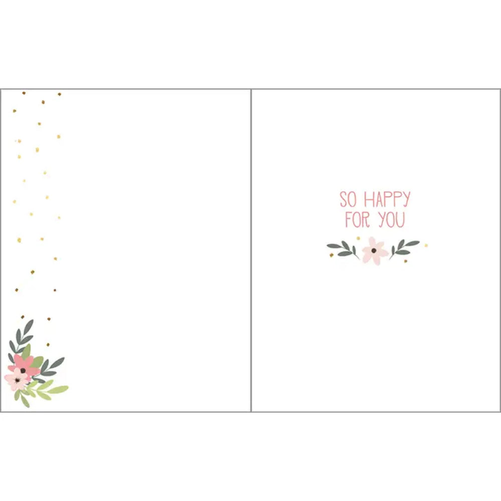 Greeting card with floral designs and 'So Happy for You' text on a white background