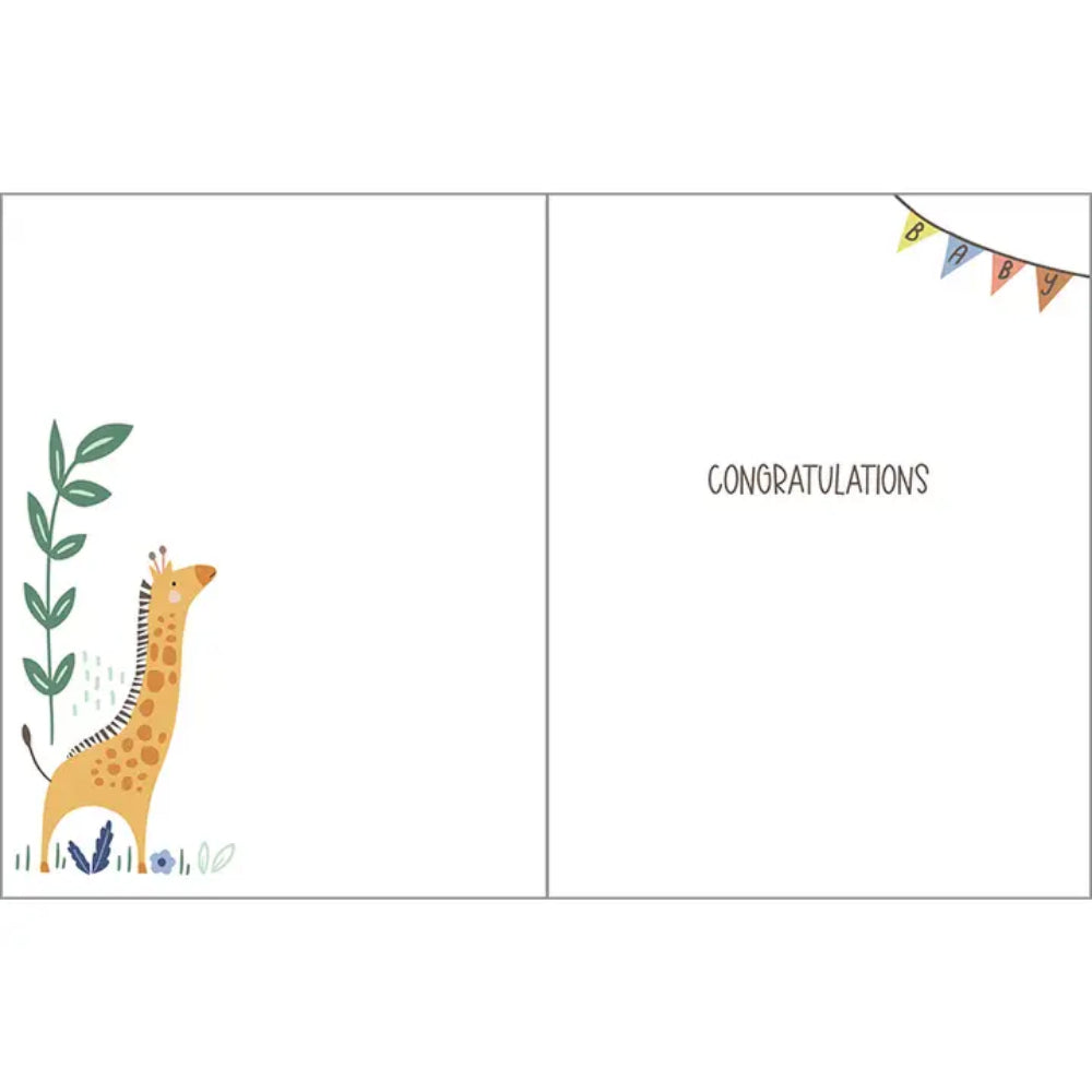 A children's congratulations card with a white background, featuring a cute illustrated giraffe on the left and a string of colorful pennant banners with the word 'CONGRATULATIONS' on the right.