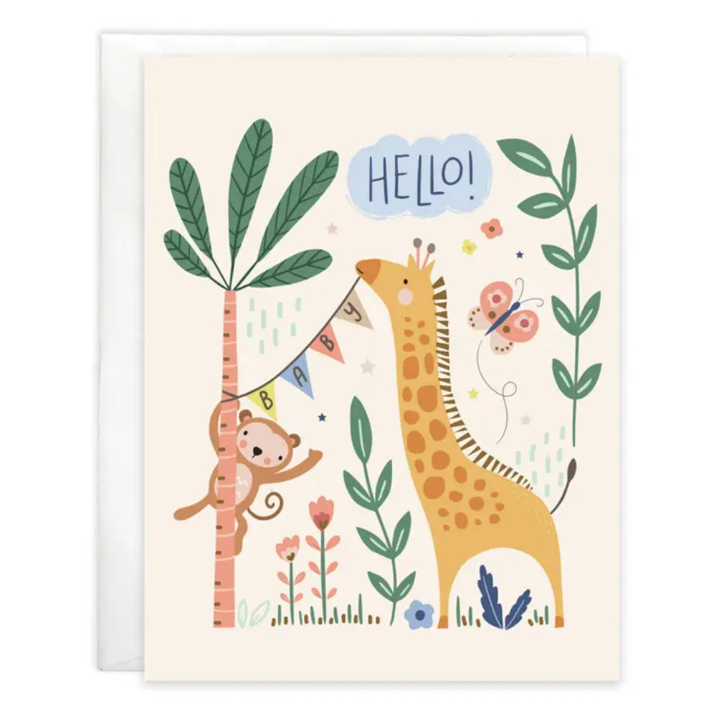Illustration of a giraffe and monkey with plants and flowers on a beige background greeting card